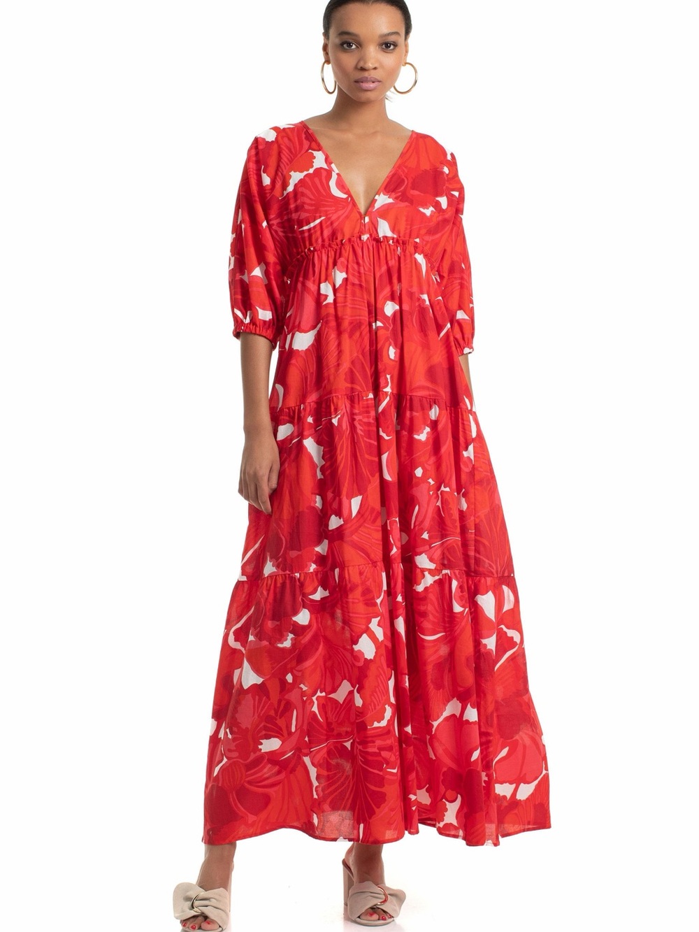Trina Turk Red Floral V-Neck Tiered Maxi Dress